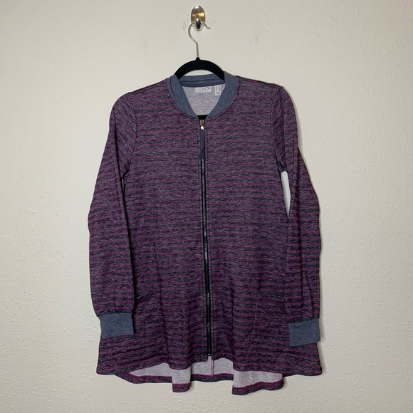 LOGO Lori Goldstein Stripe French Terry Zip Jacket - Picture 1 of 5